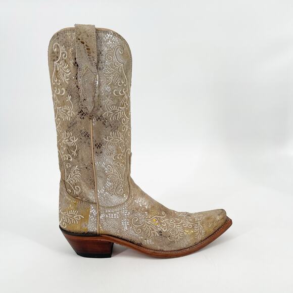 Lucchese Women’s 8.5 Stone Metallic Python Suede Snip Toe Cowgirl Western Boots - Picture 2 of 11